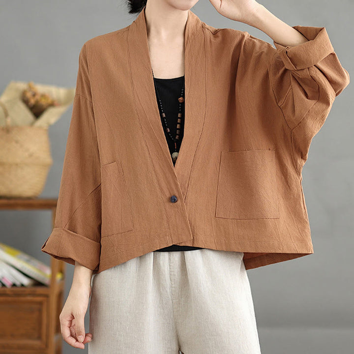 Buddha Stones Casual Vintage Plain Long Sleeve Open Front Cotton Linen Jacket With Pockets - image 2
