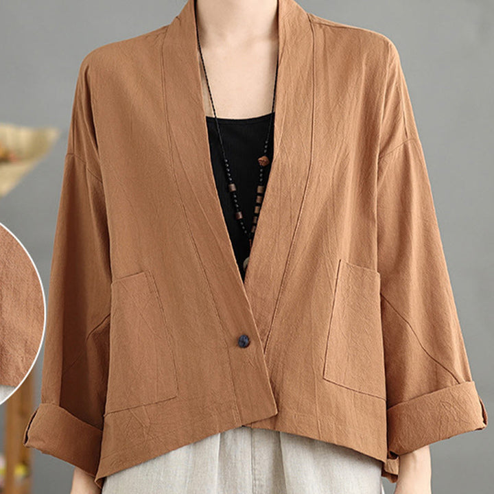 Buddha Stones Casual Vintage Plain Long Sleeve Open Front Cropped Jacket With Pockets - image 4
