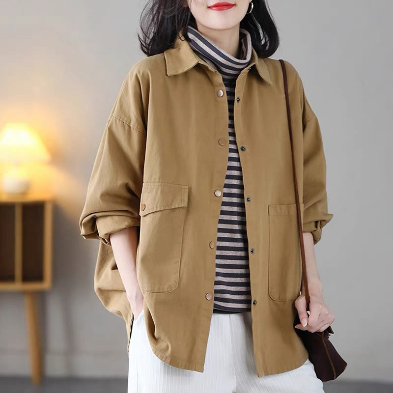 Buddha Stones Vintage Casual Pure Color Lapel Women's Cotton Jacket With Pockets - Goldenrod - US14，UK/AU18，EU46 (2XL) - image 0