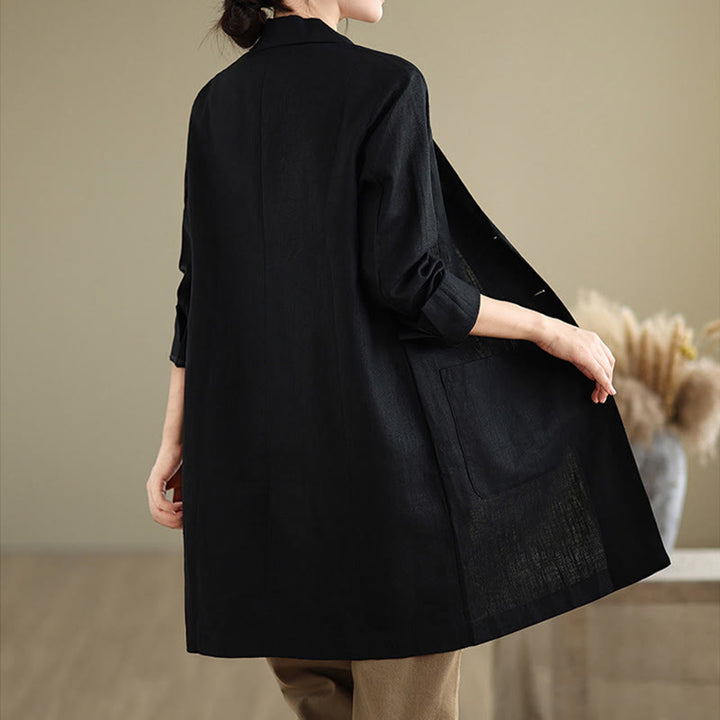 Buddha Stones Casual Fall Buttons Design Lapel Women's Cotton Linen Coat With Pockets - image 4