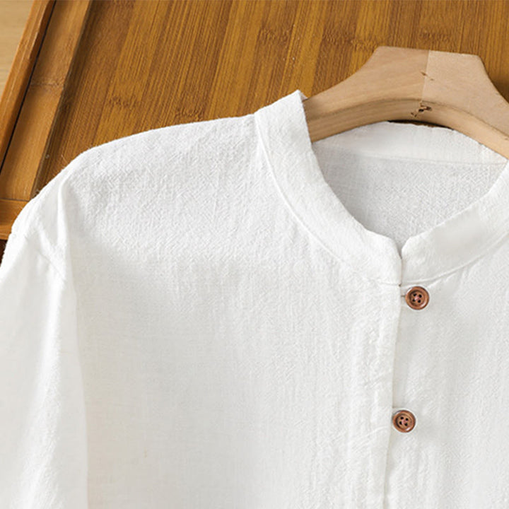 Buddha Stones Spring Solid Color Simple Hem Slit Design Cotton Linen Women's Shirt - image 12