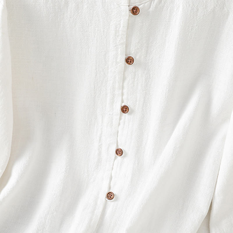 Buddha Stones Spring Solid Color Simple Hem Slit Design Cotton Linen Women's Shirt - image 14