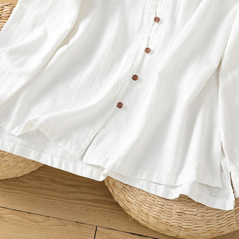 Buddha Stones Spring Solid Color Simple Hem Slit Design Cotton Linen Women's Shirt - image 17