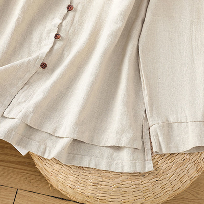Buddha Stones Spring Solid Color Simple Hem Slit Design Cotton Linen Women's Shirt - image 7