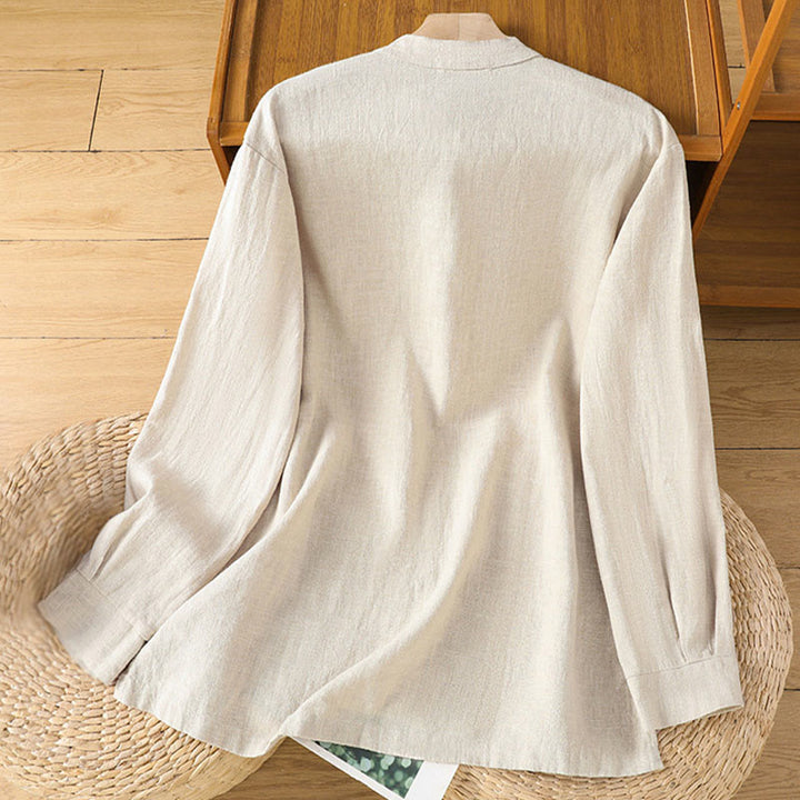 Buddha Stones Spring Solid Color Simple Hem Slit Design Cotton Linen Women's Shirt - image 1