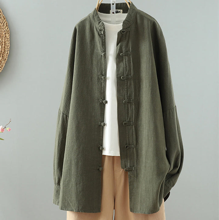 Buddha Stones Women's Solid Color Simple Chinese Frog-Button Design Cotton Linen Shirt - DarkOliveGreen - US14，UK/AU18，EU46 (2XL) - image 11