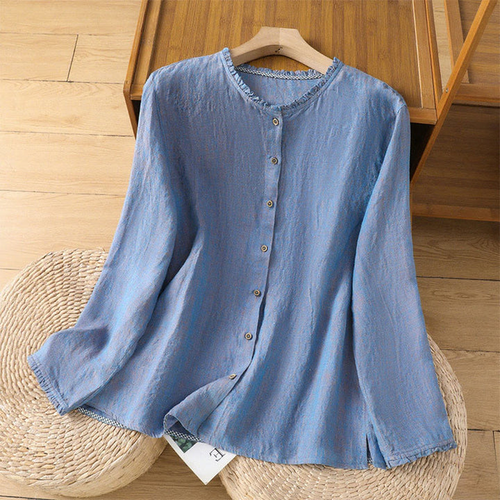 Buddha Stones Spring Solid Color Buttons Design Ruffled Crew Neck Women's Cotton Linen Shirt - CornflowerBlue - US14，UK/AU18，EU46 (2XL) - image 16