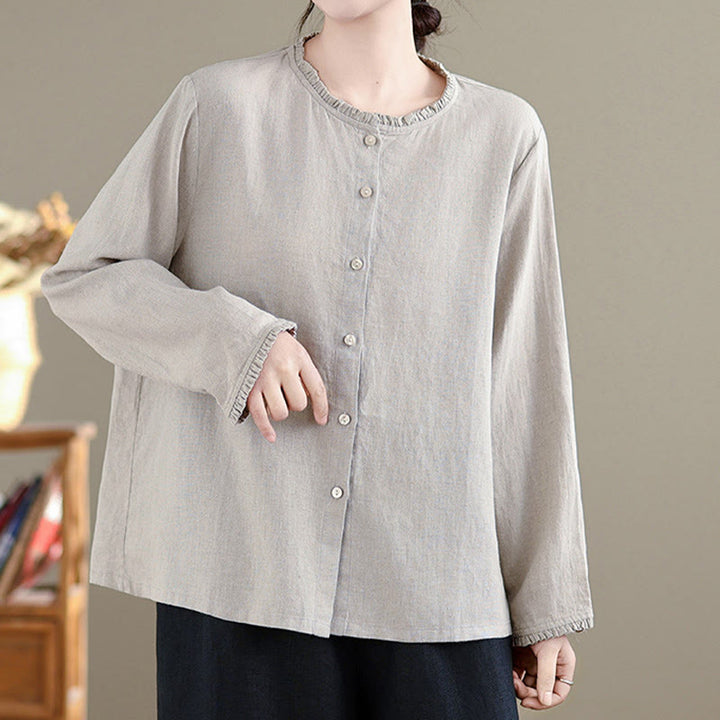 Buddha Stones Spring Solid Color Buttons Design Ruffled Crew Neck Women's Cotton Linen Shirt - image 8