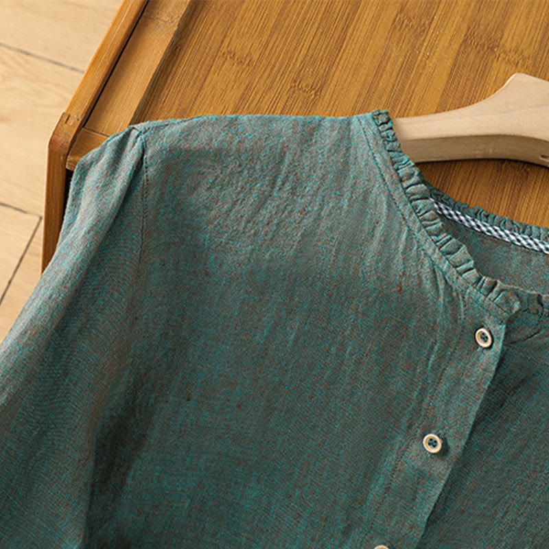 Buddha Stones Spring Solid Color Buttons Design Ruffled Crew Neck Women's Cotton Linen Shirt - image 2
