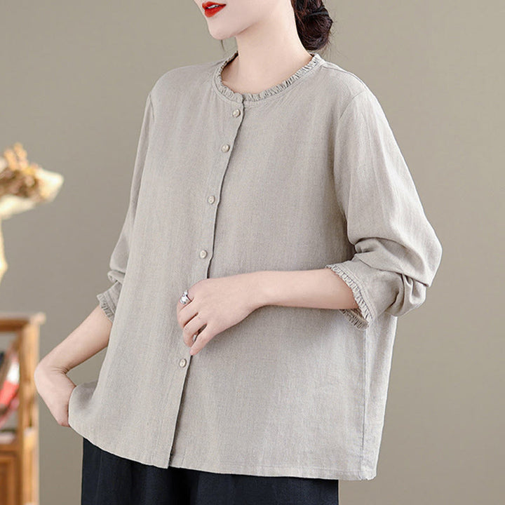 Buddha Stones Spring Solid Color Buttons Design Ruffled Crew Neck Women's Cotton Linen Shirt - image 9