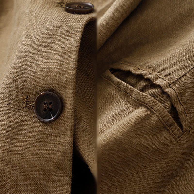 Buddha Stones Commute Retro Pure Color Lapel Cotton Linen Women's Jacket With Pockets - image 3