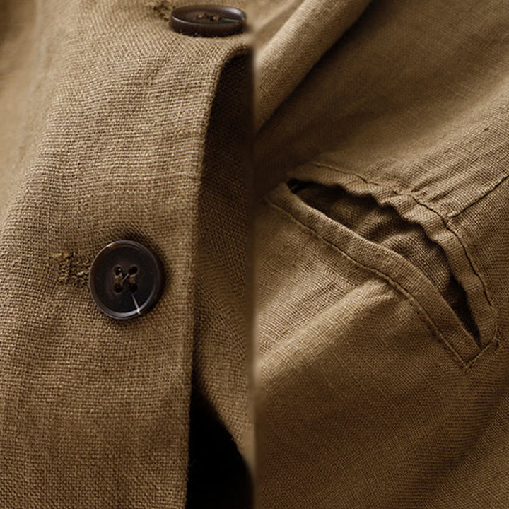 Buddha Stones Commute Retro Pure Color Lapel Cotton Linen Women's Jacket With Pockets - image 3