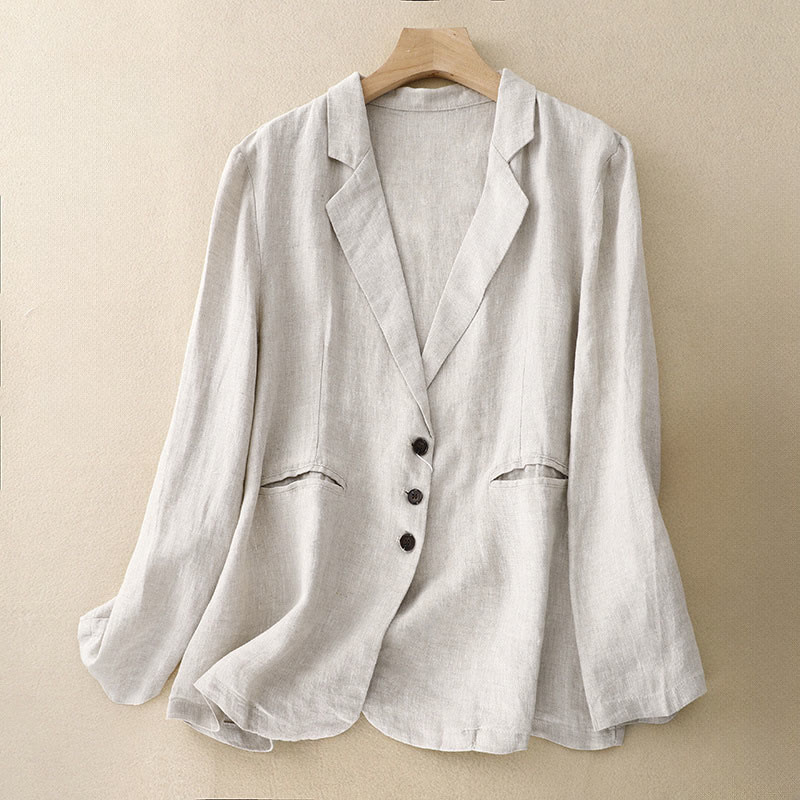 Buddha Stones Commute Retro Pure Color Lapel Cotton Linen Women's Jacket With Pockets - FloralWhite - US14，UK/AU18，EU46 (2XL) - image 7