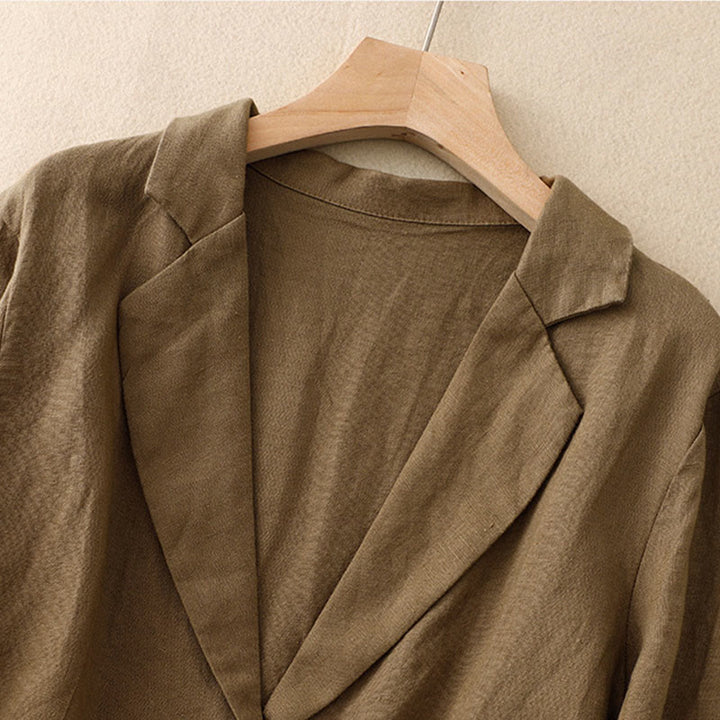 Buddha Stones Commute Retro Pure Color Lapel Cotton Linen Women's Jacket With Pockets - image 1