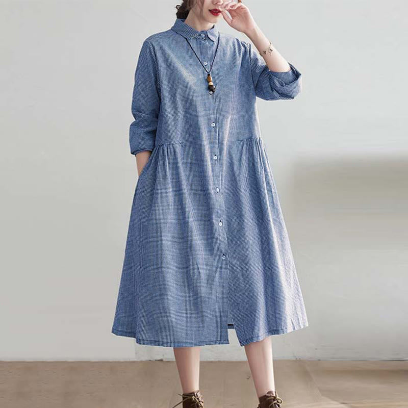 Buddha Stones Small Grid Pattern Cotton Linen Women's Midi Dress With Pockets - image 3