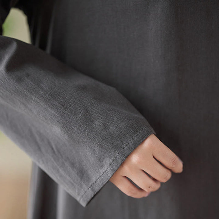 Buddha Stones Casual Plain Crew Neck Cotton Linen Midi Dress With Pockets - image 7