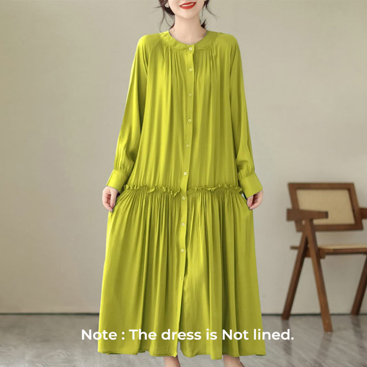 Buddha Stones Casual Plain Crew Neck Pleated Polyester Midi Dress With Pockets - image 24