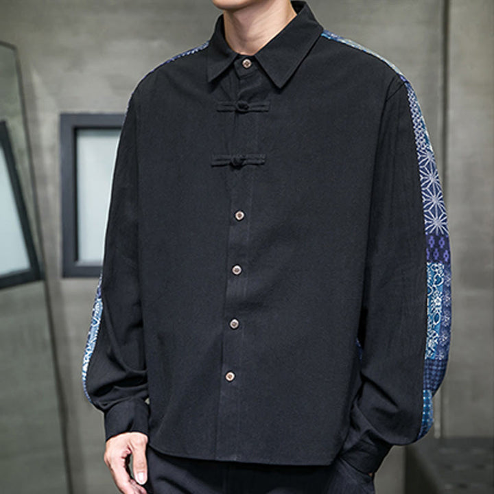 Buddha Stones Men's Flower Pattern Stitching Cotton Blend Long Sleeve Shirt - image 3