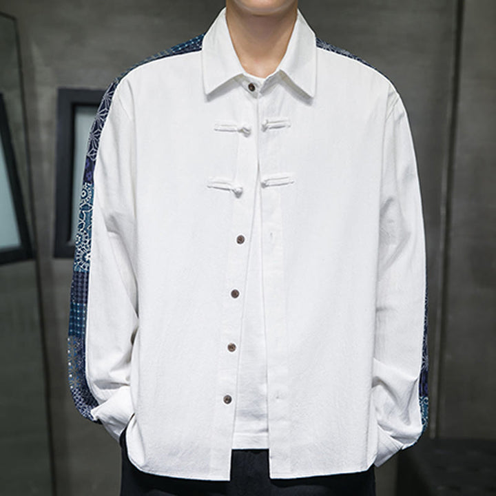 Buddha Stones Men's Flower Pattern Stitching Cotton Blend Long Sleeve Shirt - White - US/UK/AU50，EU60 (5XL) - image 8