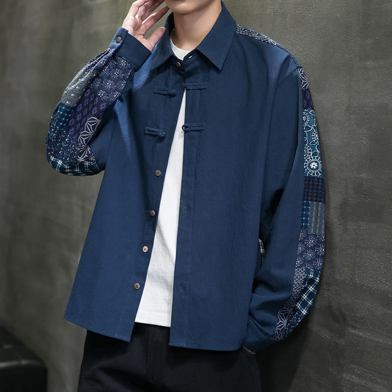 Buddha Stones Men's Flower Pattern Stitching Cotton Blend Long Sleeve Shirt - image 20