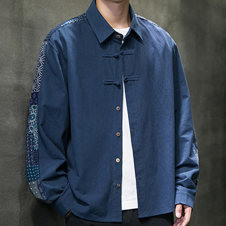 Buddha Stones Men's Flower Pattern Stitching Cotton Blend Long Sleeve Shirt - image 19