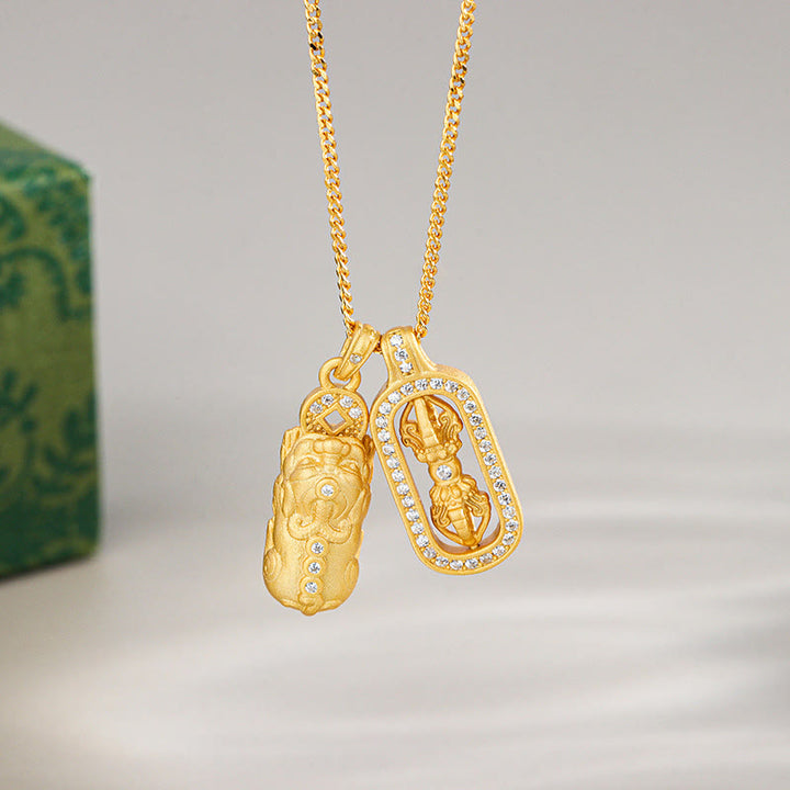 Buddha Stones 925 Sterling Silver Mini PiXiu Dorje Vajra Wealth Necklace Pendant - Golden - Pixiu Dorje Vajra - image 0