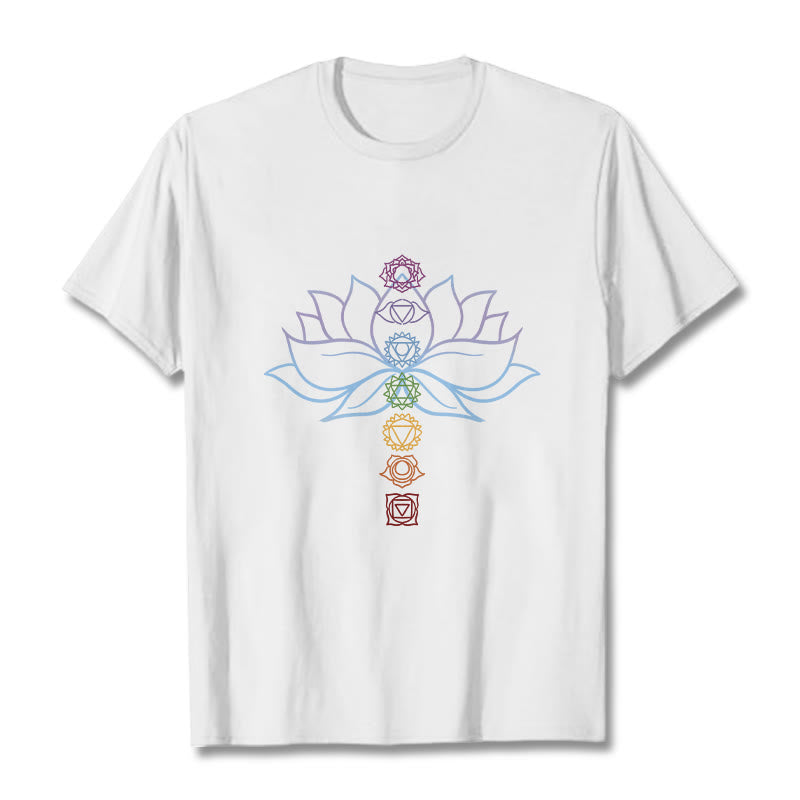 Buddha Stones Pastel Hues Lotus Flower Chakra Symbols Meditation Cotton Tee T-shirt - White - 2XL - image 0