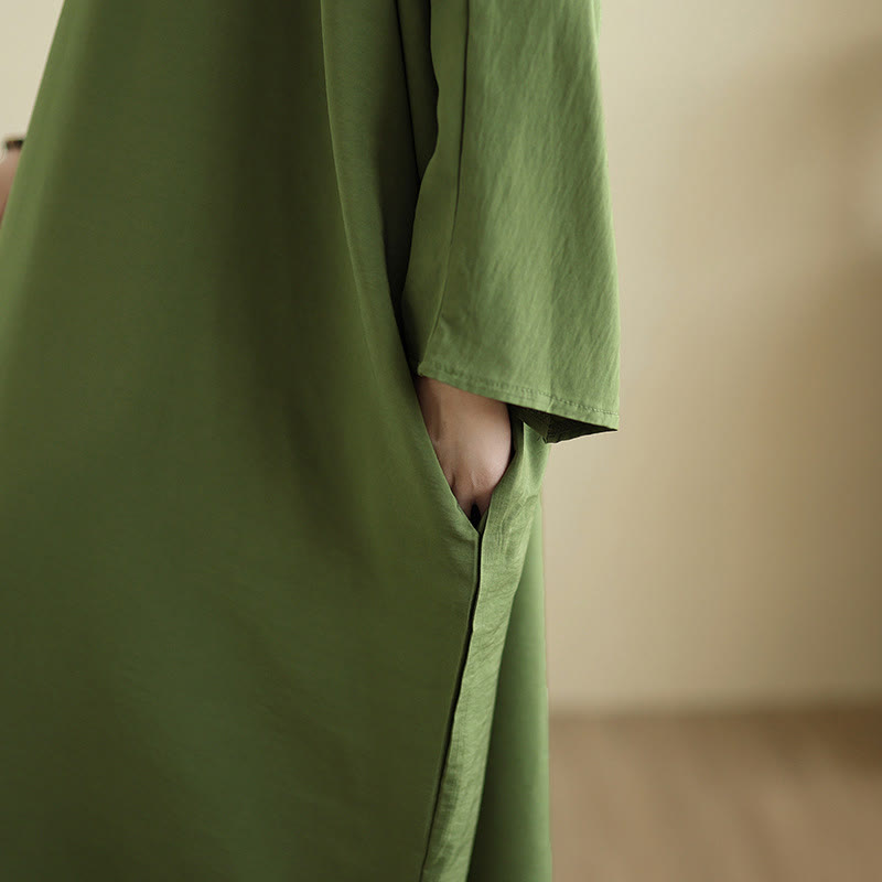 Buddha Stones Retro Casual Solid Color Long Sleeve Cotton Linen Maxi Dress With Pockets - image 9