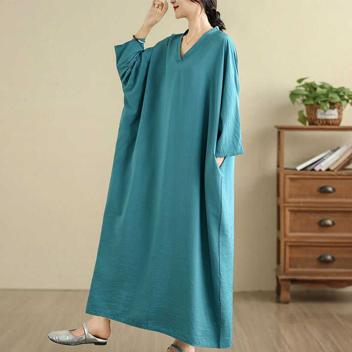 Buddha Stones Retro Casual Solid Color Long Sleeve Cotton Linen Maxi Dress With Pockets - image 17