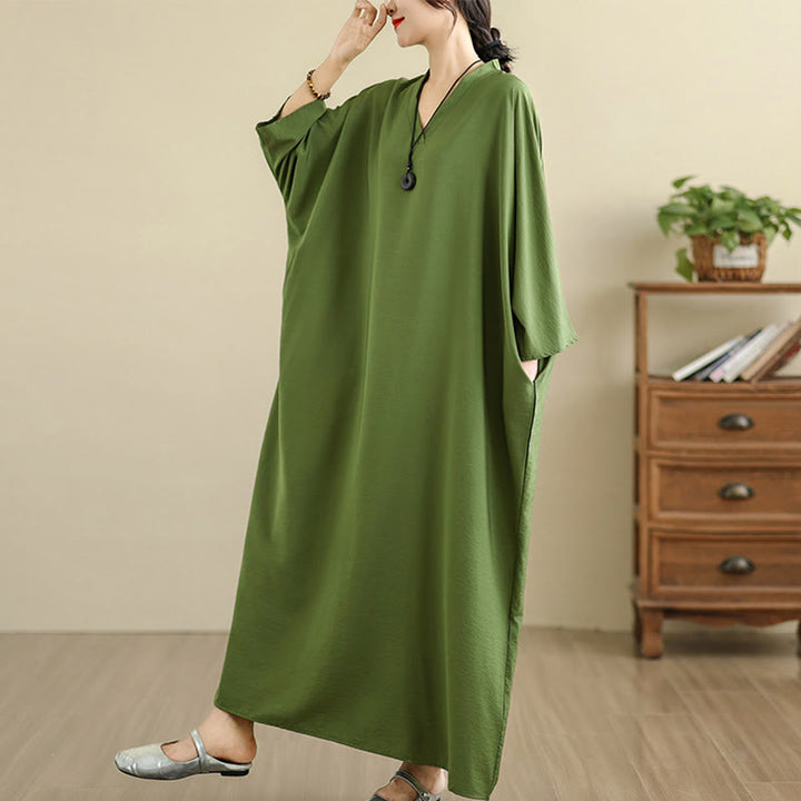 Buddha Stones Retro Casual Solid Color Long Sleeve Cotton Linen Maxi Dress With Pockets - image 4