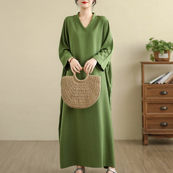 Buddha Stones Retro Casual Solid Color Long Sleeve Cotton Linen Maxi Dress With Pockets - OliveDrab - US4-12，UK/AU8-18，EU36-46(F) - image 0