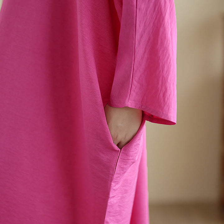 Buddha Stones Retro Casual Solid Color Long Sleeve Cotton Linen Maxi Dress With Pockets - image 29