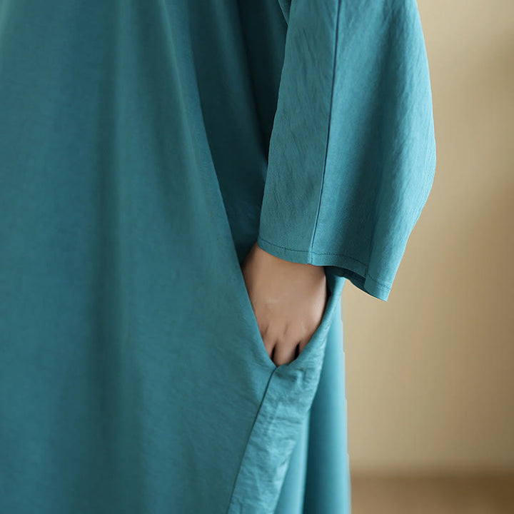 Buddha Stones Retro Casual Solid Color Long Sleeve Cotton Linen Maxi Dress With Pockets - image 22