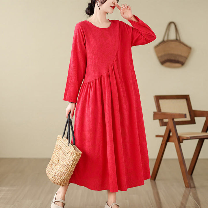 Buddha Stones Plain Jacquard Flower Irregular Long Sleeve Cotton Linen Midi Dress With Pockets - Red - US8-10，UK/AU12-14，EU40-42 (2XL) - image 6
