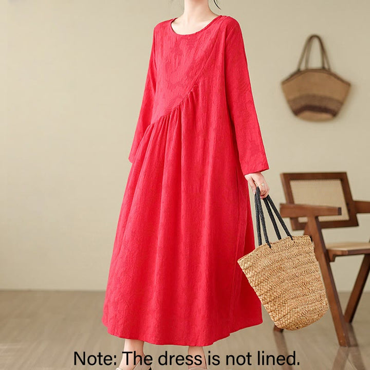 Buddha Stones Plain Jacquard Flower Irregular Long Sleeve Cotton Linen Midi Dress With Pockets - image 7
