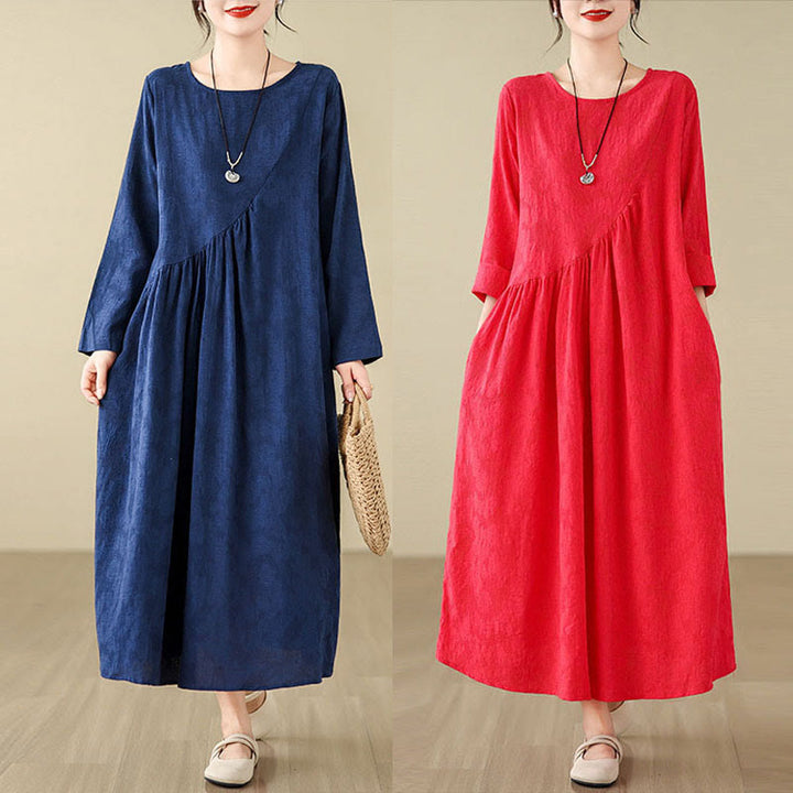 Buddha Stones Plain Jacquard Flower Irregular Long Sleeve Cotton Linen Midi Dress With Pockets - image 22