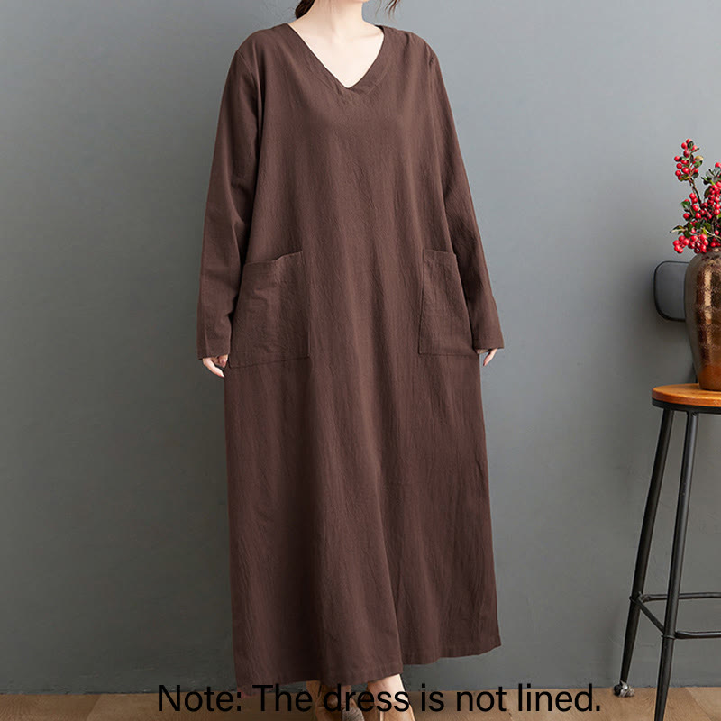 Buddha Stones Fall Casual Simple Design Long Sleeve Cotton Linen Maxi Dress With Pockets - image 1