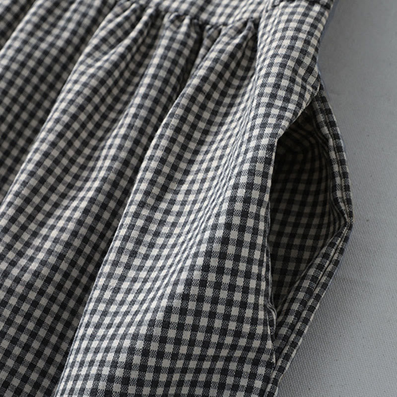 Buddha Stones Casual Plaid Pattern Long Lantern Sleeve Cotton Linen Midi Dress With Pockets - image 14