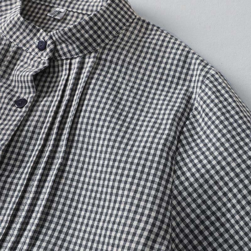 Buddha Stones Casual Plaid Pattern Long Lantern Sleeve Cotton Linen Midi Dress With Pockets - image 9