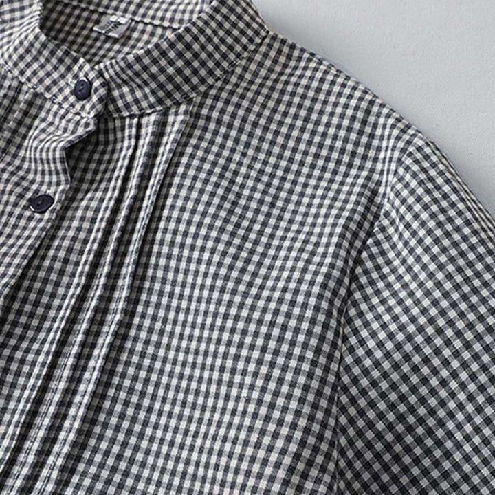 Buddha Stones Casual Plaid Pattern Long Lantern Sleeve Cotton Linen Midi Dress With Pockets - image 9