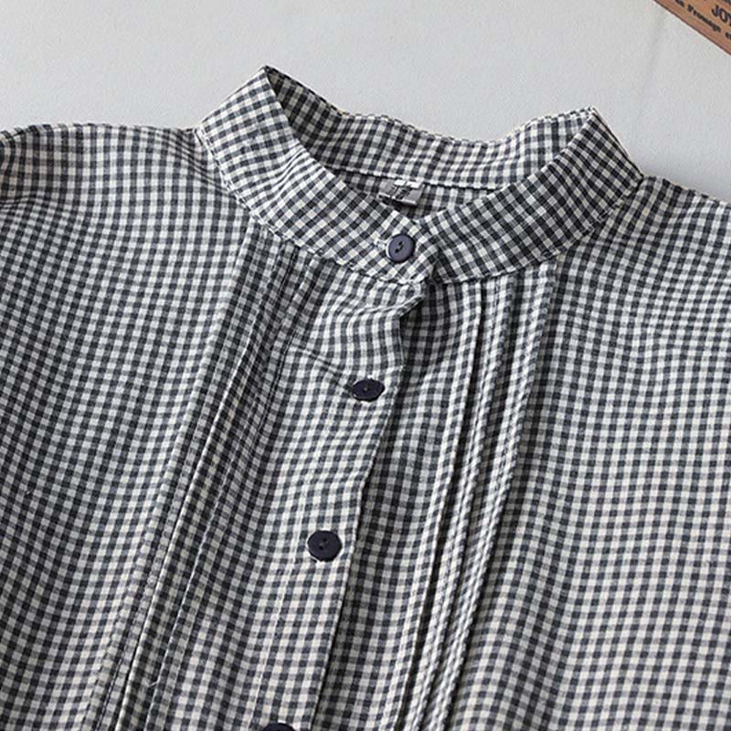 Buddha Stones Casual Plaid Pattern Long Lantern Sleeve Cotton Linen Midi Dress With Pockets - image 8