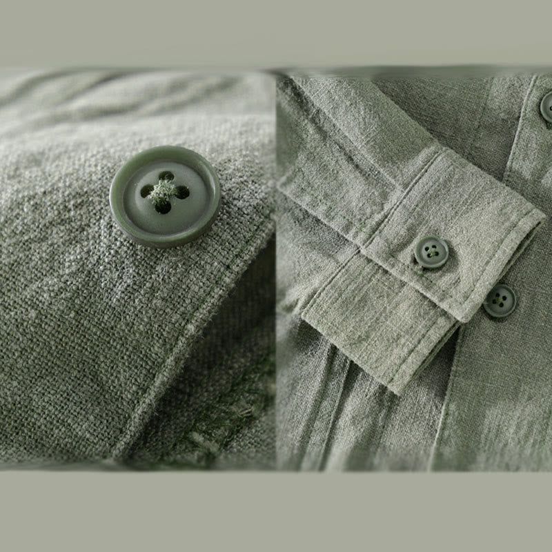 Buddha Stones Commute Men's Plain Buttons Design Cotton Linen Long Sleeve Shirt With Pockets - image 3
