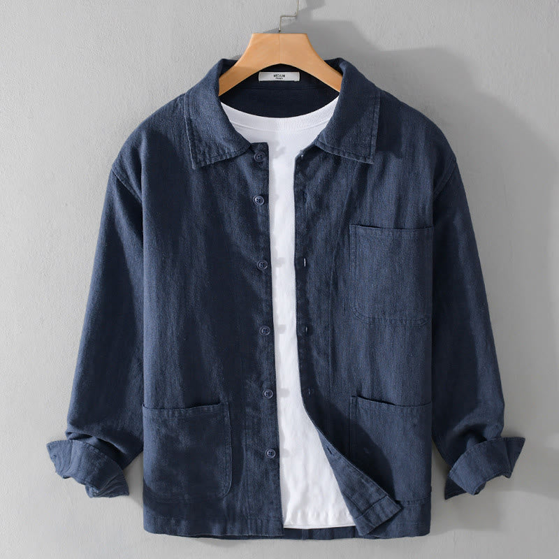 Buddha Stones Commute Men's Plain Buttons Design Cotton Linen Long Sleeve Shirt With Pockets - DarkBlue - US/UK/AU42，EU52 (3XL) - image 12