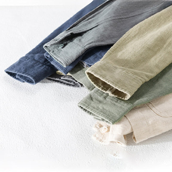 Buddha Stones Commute Men's Plain Buttons Design Cotton Linen Long Sleeve Shirt With Pockets - image 24