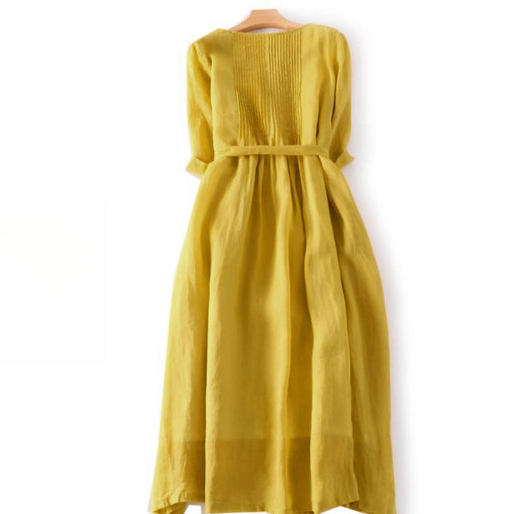 Buddha Stones Casual Lace-up Plain Crew Neck Half Sleeve Midi Dress With Pockets - image 6