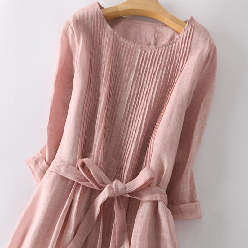 Buddha Stones Casual Lace-up Plain Crew Neck Half Sleeve Midi Dress With Pockets - image 1