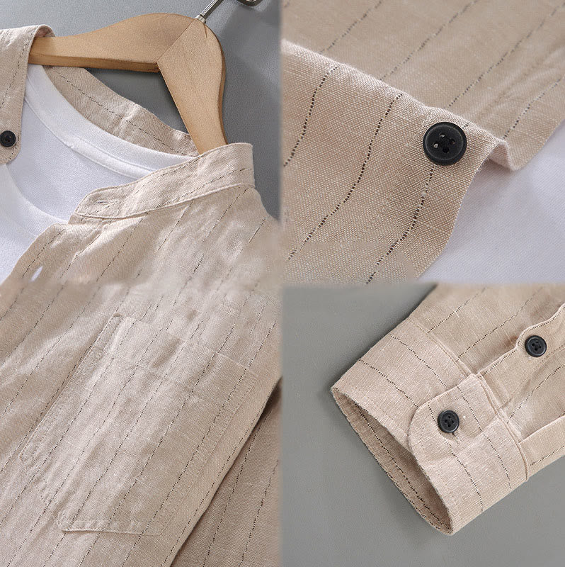 Buddha Stones Daily Tang Suit Men's Striped Pattern Cotton Linen Long Sleeve Shirt - image 10