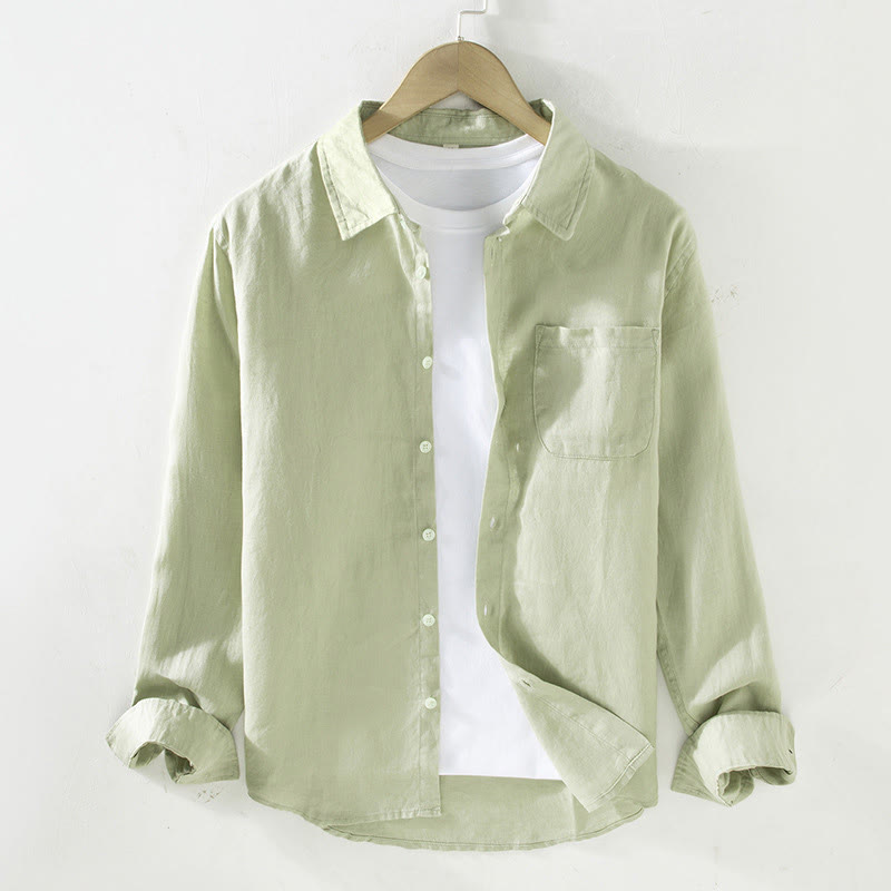 Buddha Stones Spring Men's Casual Pure Color Linen Long Sleeve Shirt With Pocket - PaleGreen - US/UK/AU42，EU52 (3XL) - image 11