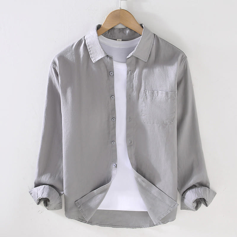 Buddha Stones Spring Men's Casual Pure Color Linen Long Sleeve Shirt With Pocket - Silver - US/UK/AU42，EU52 (3XL) - image 9