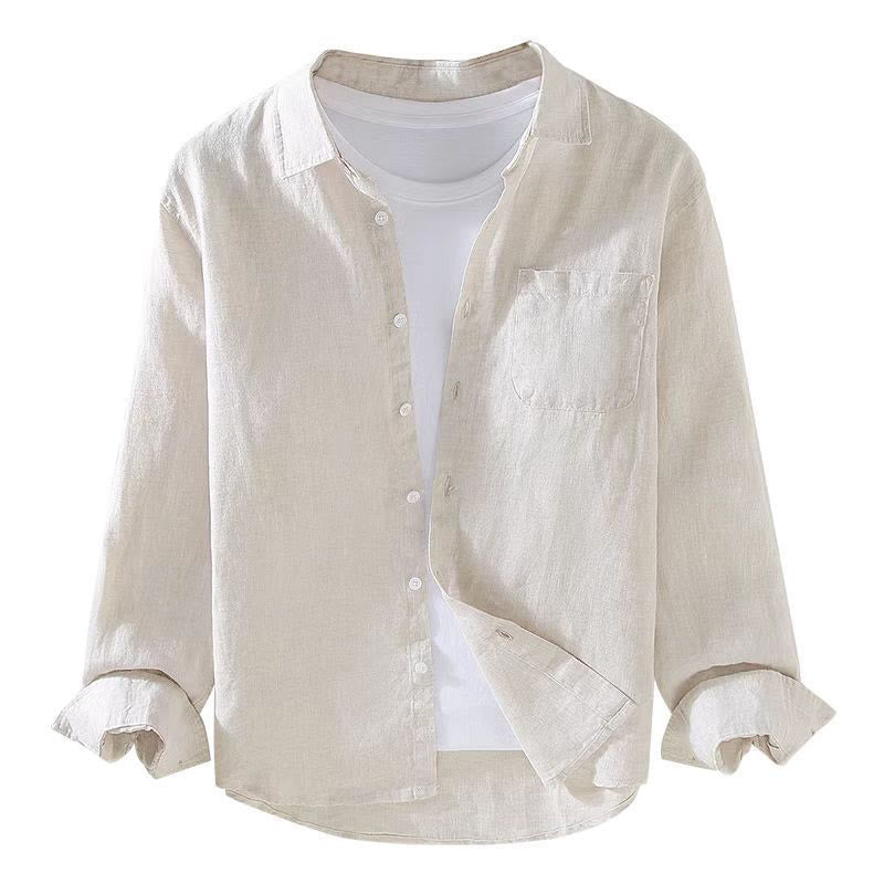 Buddha Stones Spring Men's Casual Pure Color Linen Long Sleeve Shirt With Pocket - image 6
